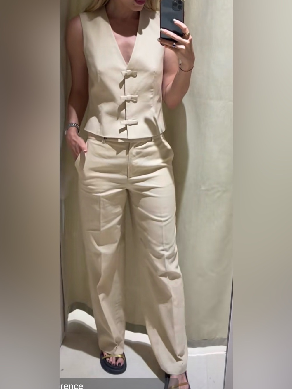 Zara Linen Cream Sleeveless Vest & Wide-Leg Pants Set